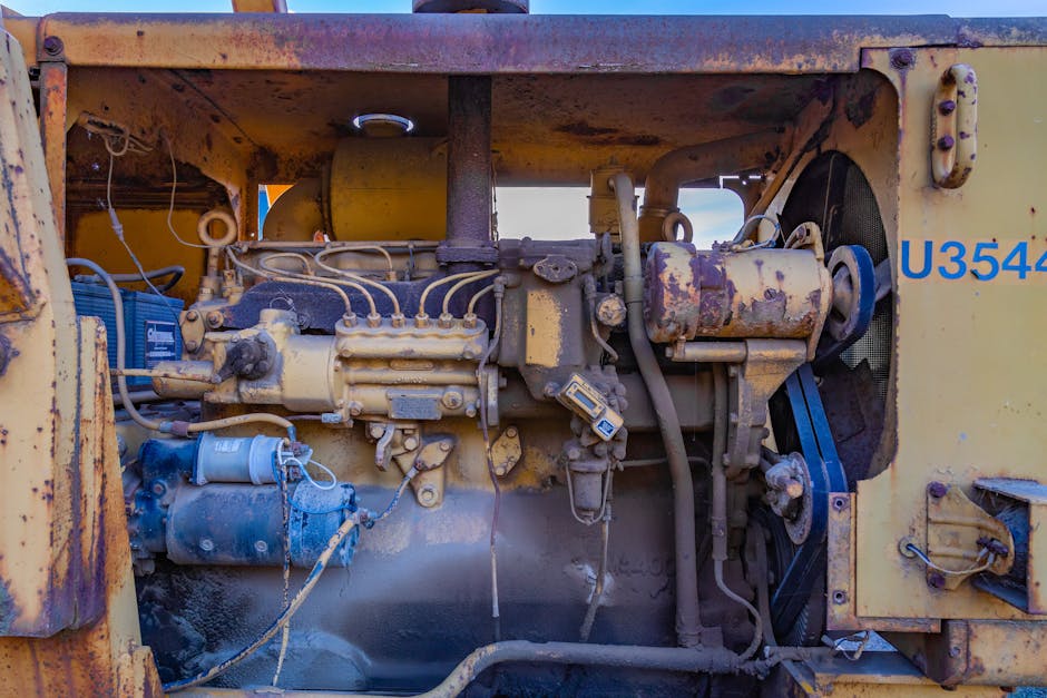 Close-up of a rusty diesel engine in an abandoned industrial vehicle.