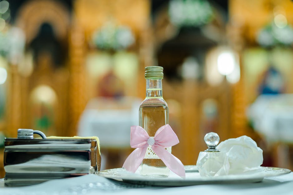 A detailed view of items used in a Romanian baptism ceremony inside a church.