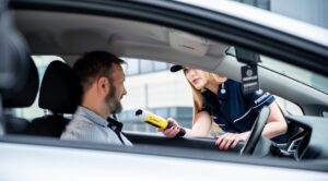 A police officer conducts a breathalyzer test on a male driver during a road safety check.