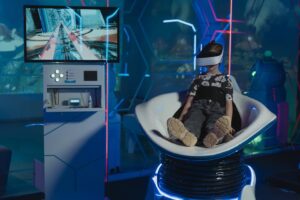 A child immersed in a futuristic virtual reality game with neon lights and advanced technology.