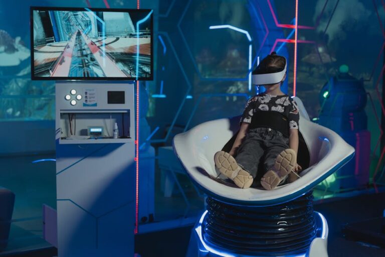 A child immersed in a futuristic virtual reality game with neon lights and advanced technology.