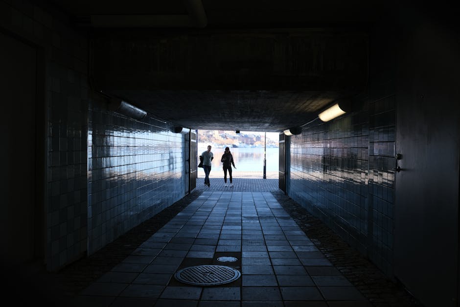 Two people walking towards a bright outdoor scene from a dark tunnel.