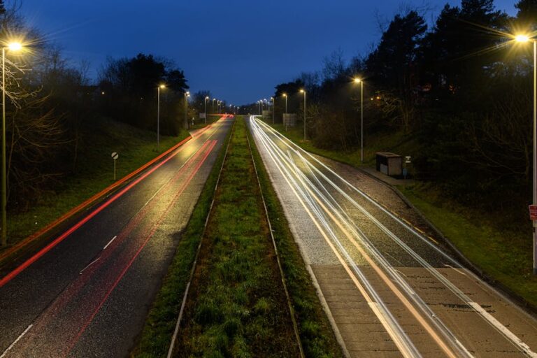 Long exposure shot of traffic light trails on an empty highway at night in Craigavon, Northern Ireland.